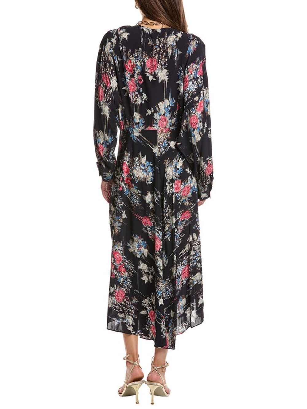 IRO Black Floral Wrap Midi Dress with Pink and Blue Accents - Picture 4 of 11